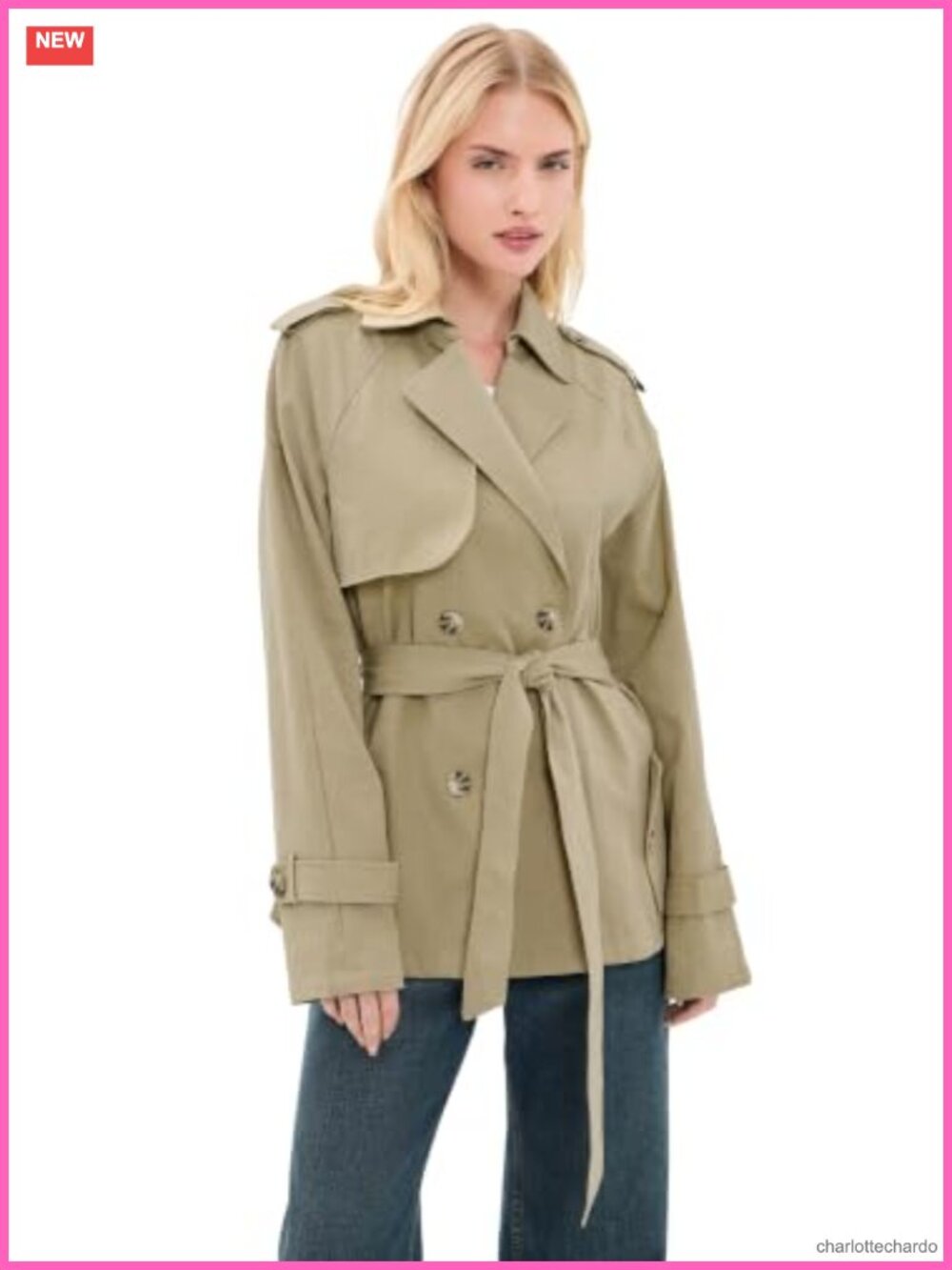 Women's Cropped Trench Coat Double-Breasted Cotton Canvas Notch Collar